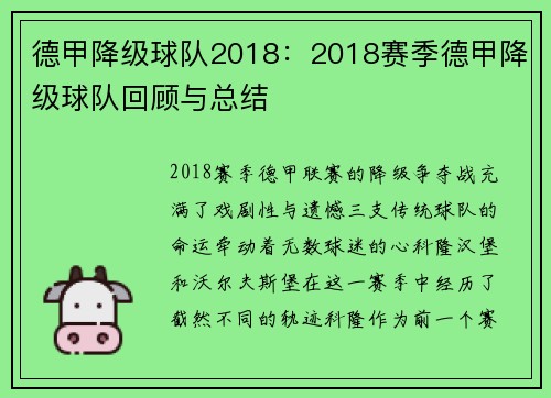 德甲降级球队2018：2018赛季德甲降级球队回顾与总结