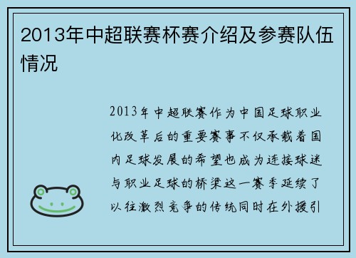 2013年中超联赛杯赛介绍及参赛队伍情况