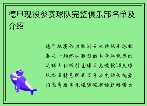 德甲现役参赛球队完整俱乐部名单及介绍