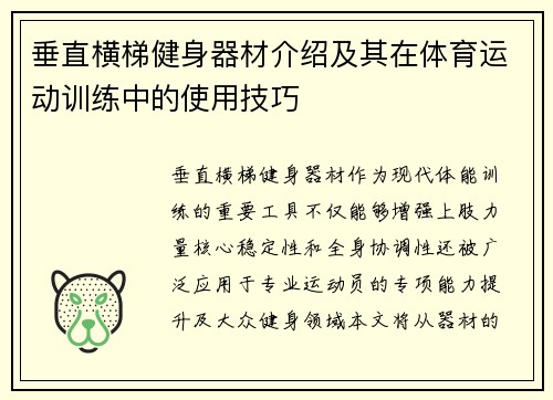 垂直横梯健身器材介绍及其在体育运动训练中的使用技巧